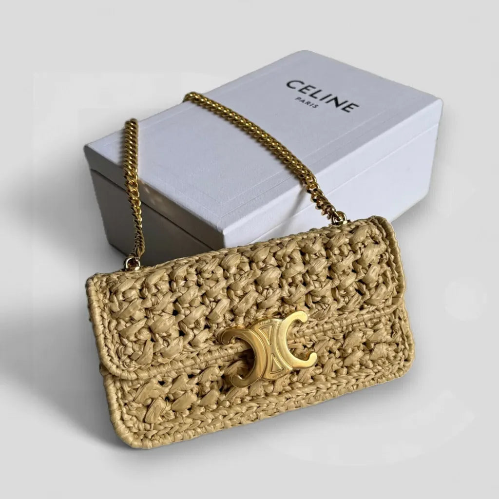 CÉLINE CLAUDE CHAIN SHOULDER BAG IN RAFFIA-EFFECT