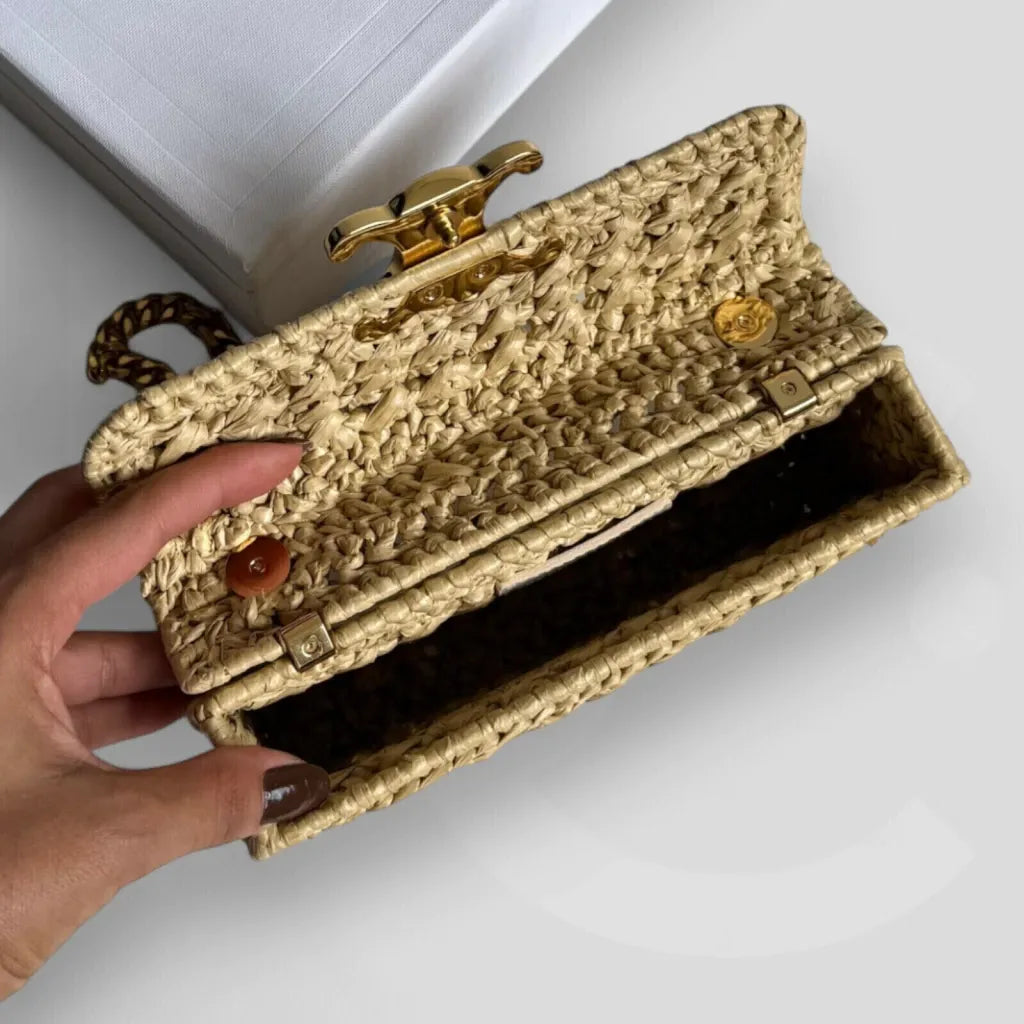 CÉLINE CLAUDE CHAIN SHOULDER BAG IN RAFFIA-EFFECT