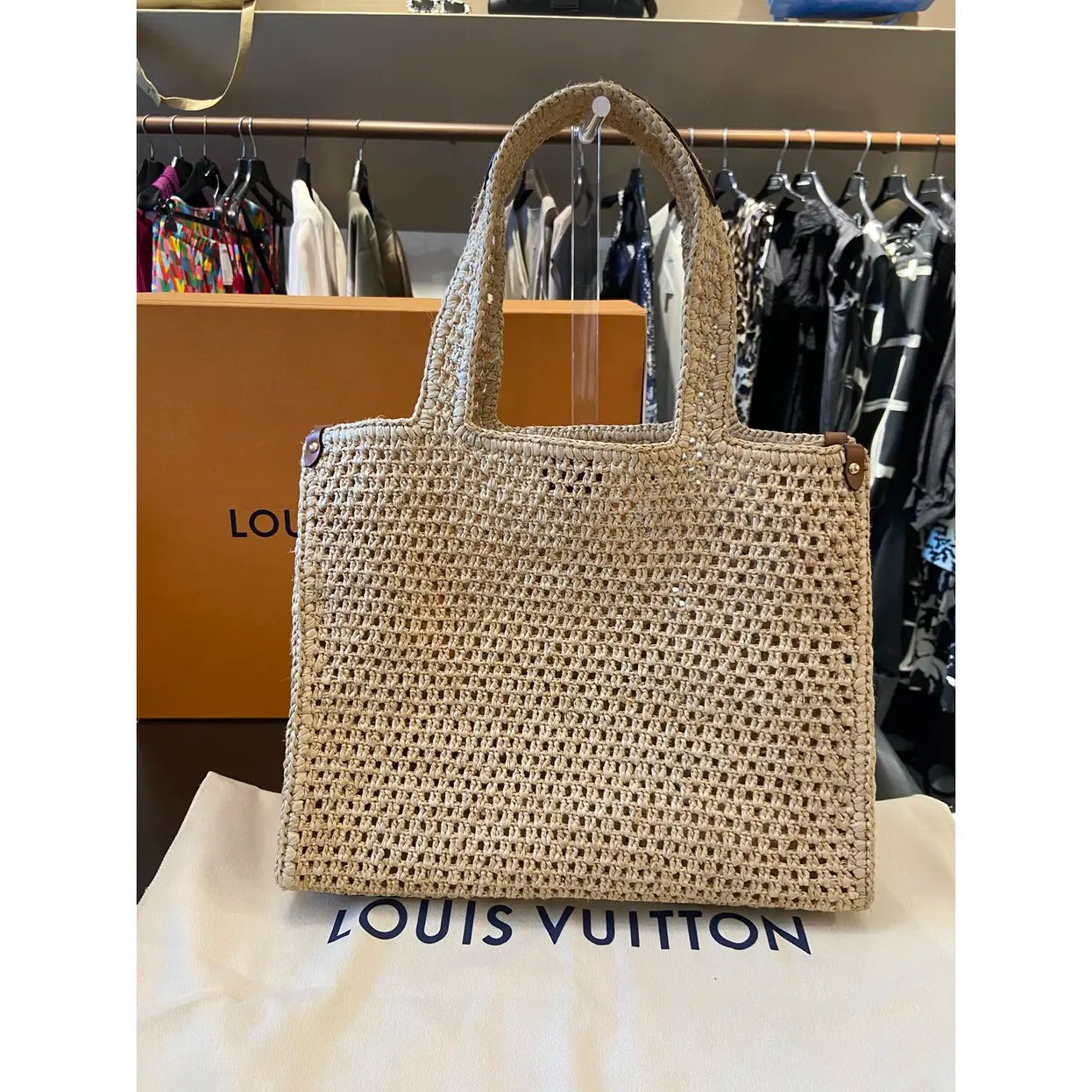 LOUIS VUITTON ONTHEGO MM HANDBAG MADE OF RAFFIA BY THE POOL