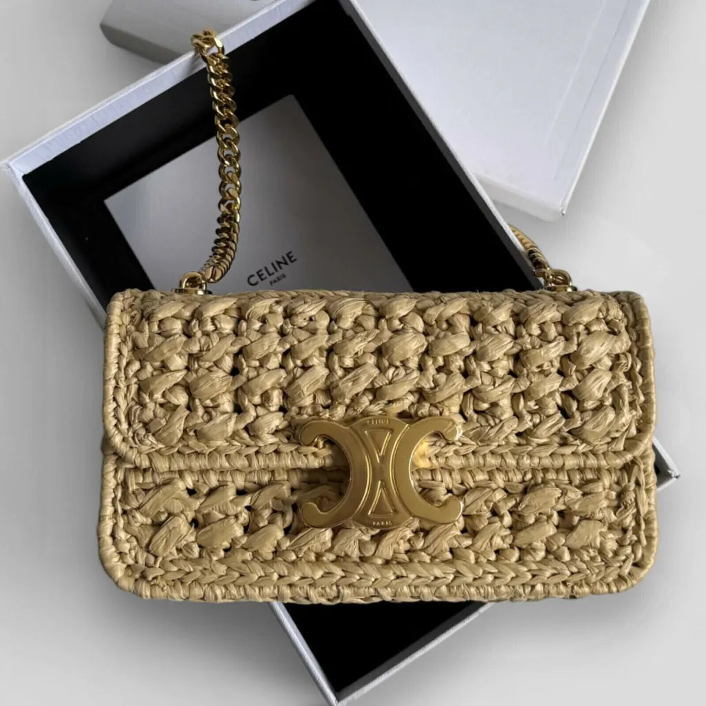 CÉLINE CLAUDE CHAIN SHOULDER BAG IN RAFFIA-EFFECT