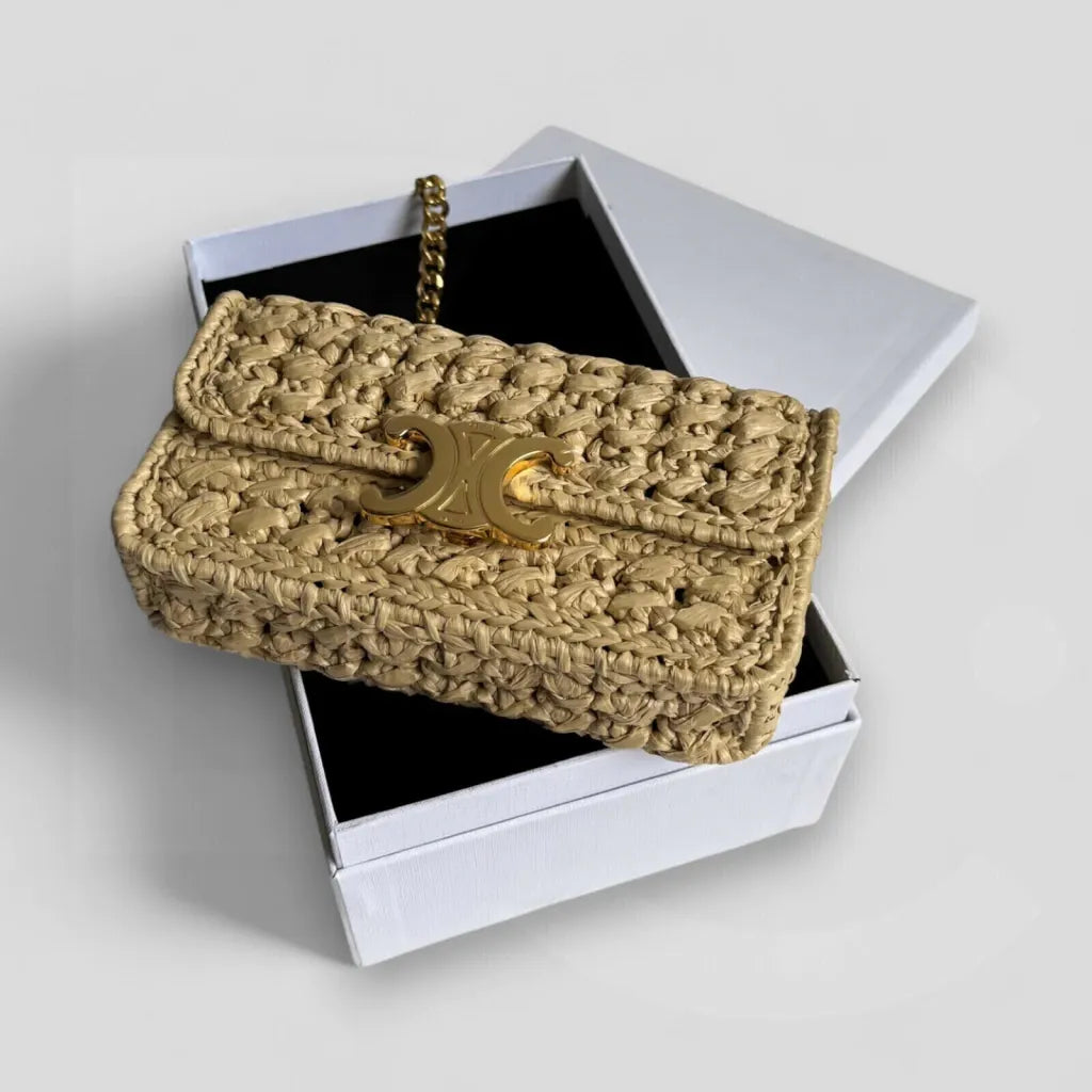 CÉLINE CLAUDE CHAIN SHOULDER BAG IN RAFFIA-EFFECT